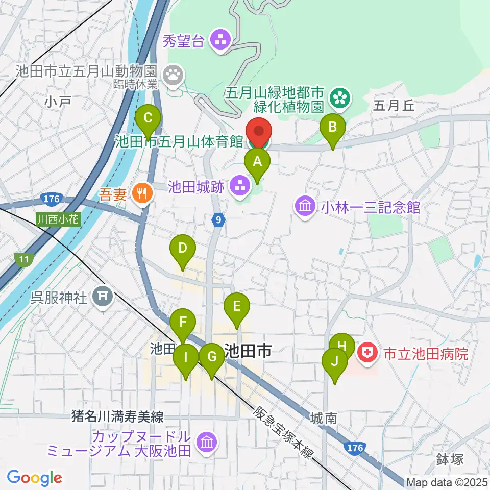 池田市五月山体育館周辺のコンビニエンスストア一覧地図