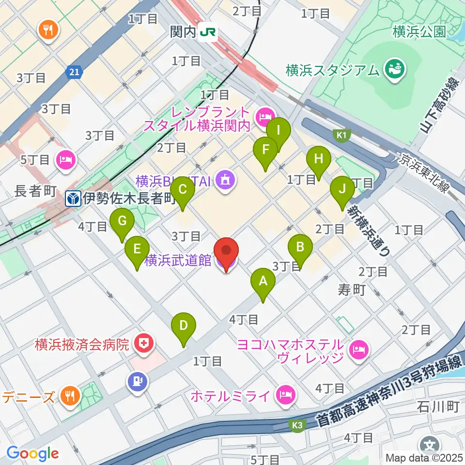 横浜武道館周辺のコンビニエンスストア一覧地図
