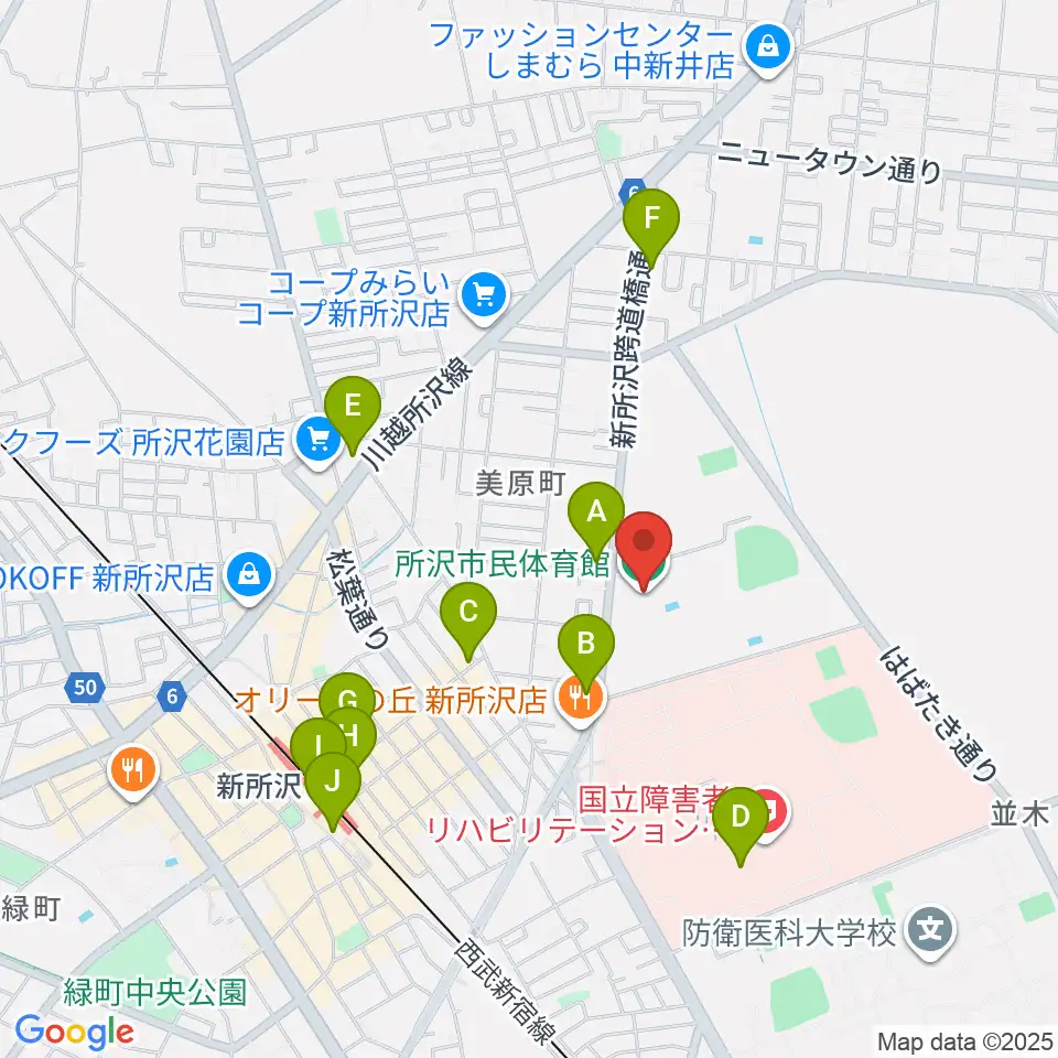 所沢市民体育館周辺のコンビニエンスストア一覧地図