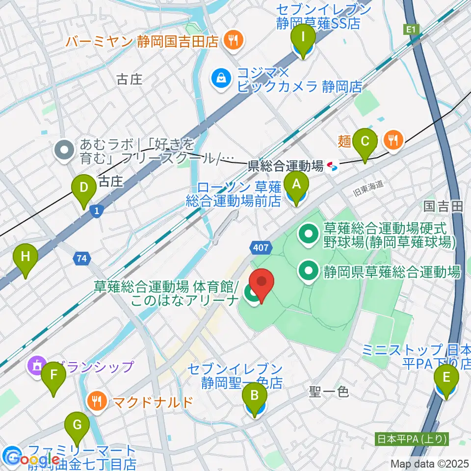 草薙総合運動場体育館周辺のコンビニエンスストア一覧地図
