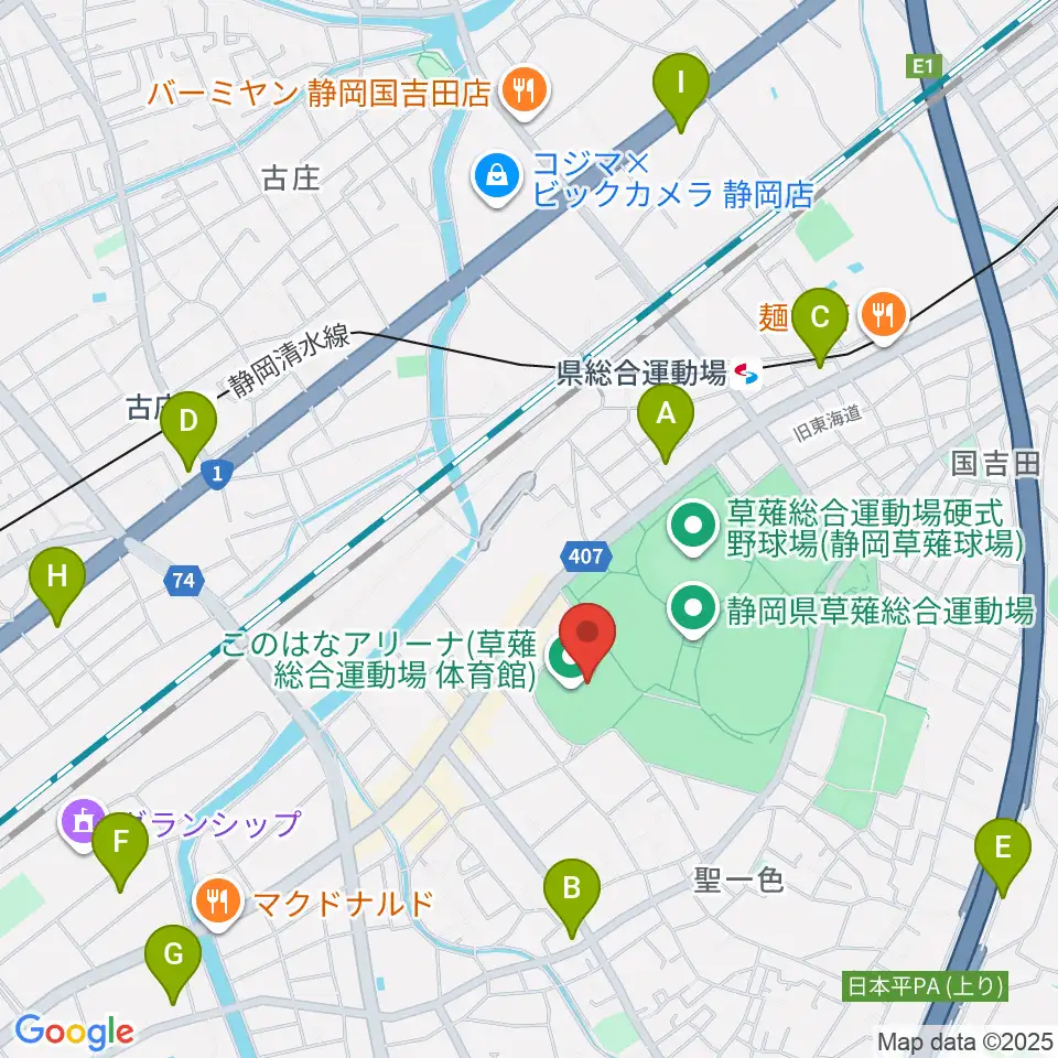 草薙総合運動場体育館周辺のコンビニエンスストア一覧地図