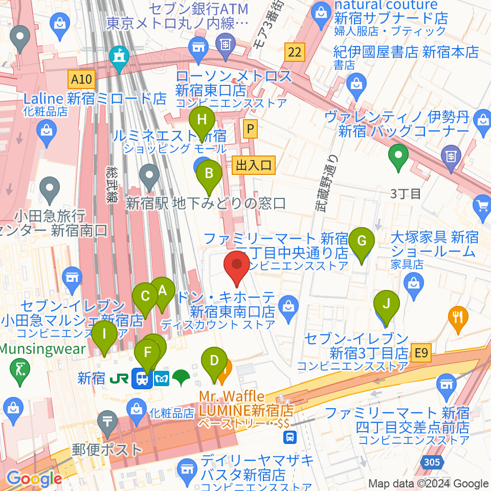 新宿シネマカリテ周辺のコンビニエンスストア一覧地図