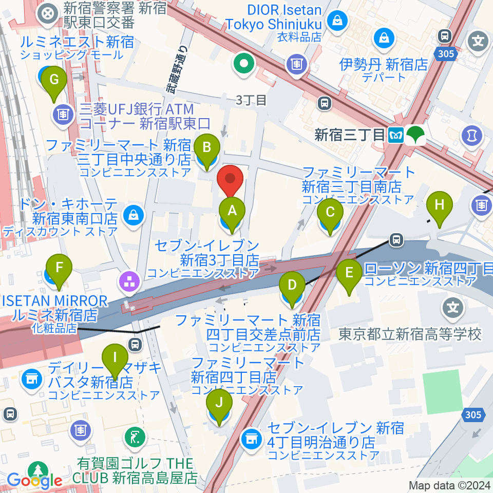 ユニオンレコード新宿周辺のコンビニエンスストア一覧地図