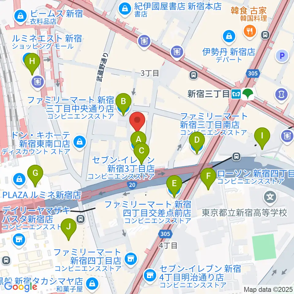 ユニオンレコード新宿周辺のコンビニエンスストア一覧地図