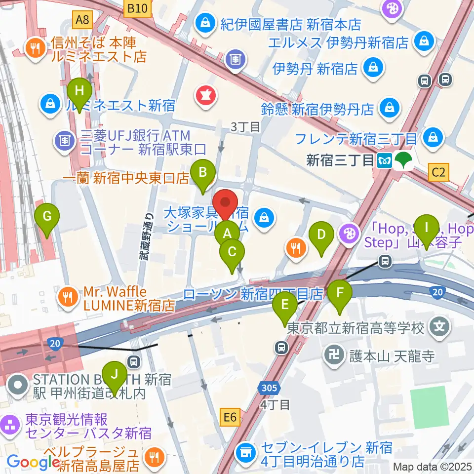 ユニオンレコード新宿周辺のコンビニエンスストア一覧地図