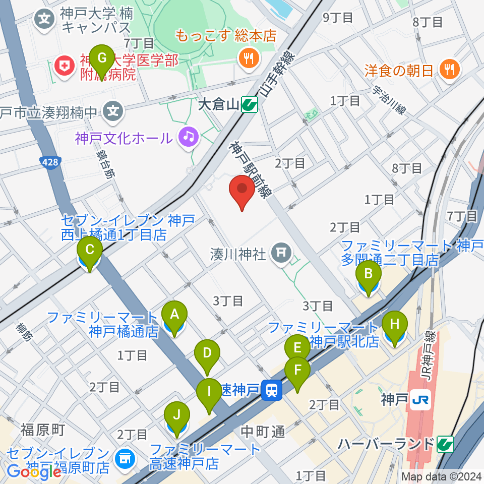 神戸市立中央体育館周辺のコンビニエンスストア一覧地図