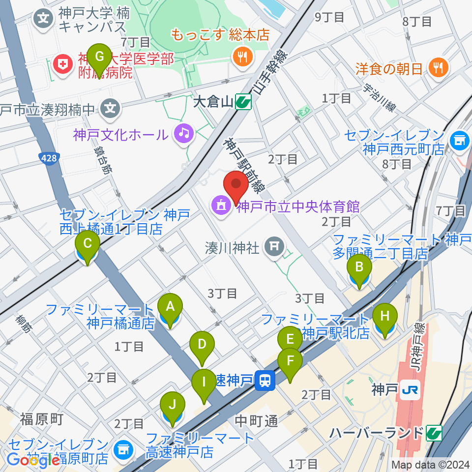 神戸市立中央体育館周辺のコンビニエンスストア一覧地図