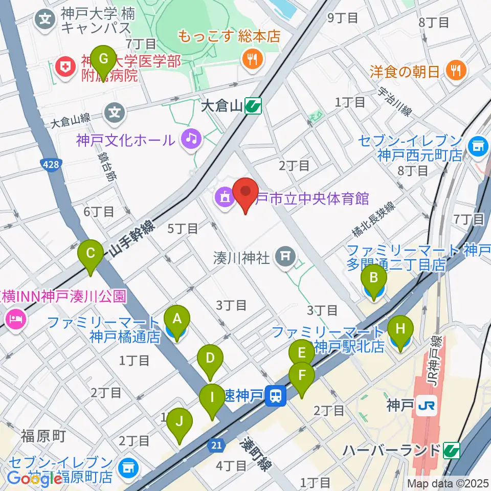 神戸市立中央体育館周辺のコンビニエンスストア一覧地図