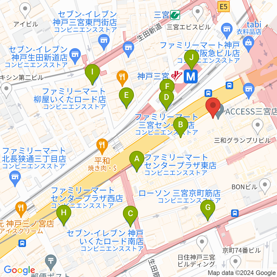 りずむぼっくす三宮ウエスト店周辺のコンビニエンスストア一覧地図