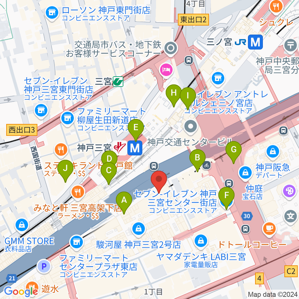 りずむぼっくす三宮ウエスト店周辺のコンビニエンスストア一覧地図