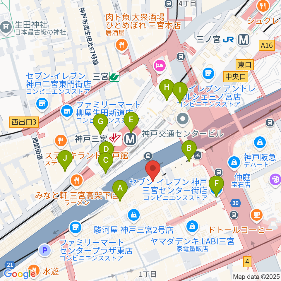 りずむぼっくす三宮ウエスト店周辺のコンビニエンスストア一覧地図