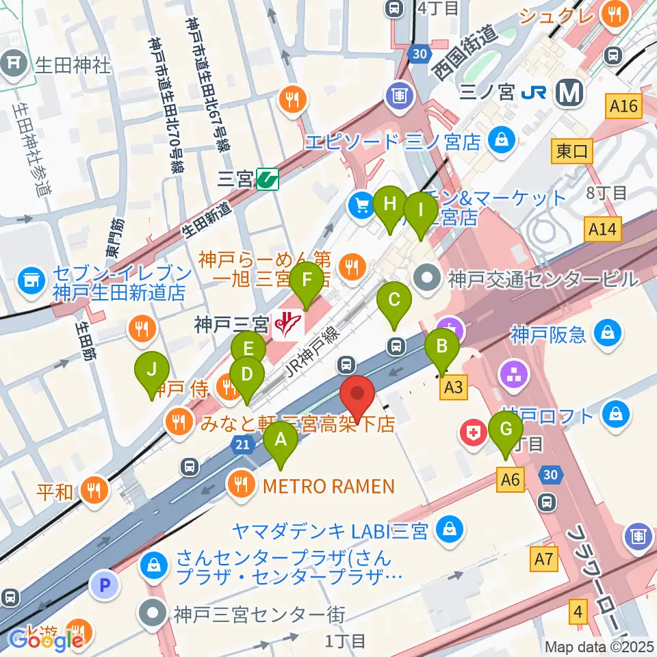 りずむぼっくす三宮ウエスト店周辺のコンビニエンスストア一覧地図