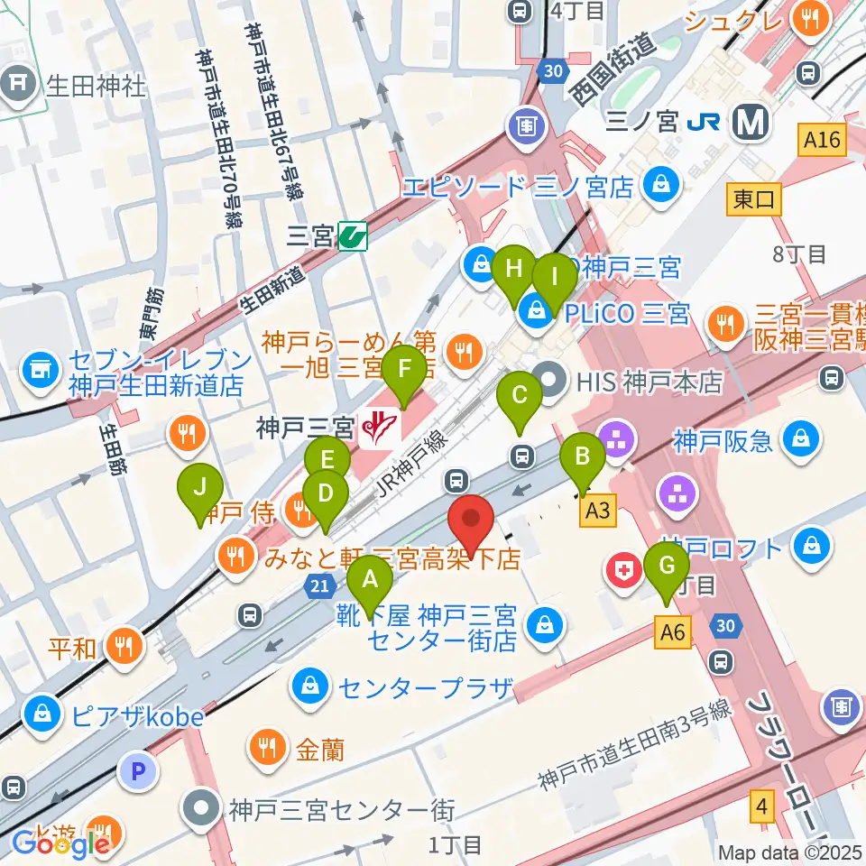りずむぼっくす三宮ウエスト店周辺のコンビニエンスストア一覧地図