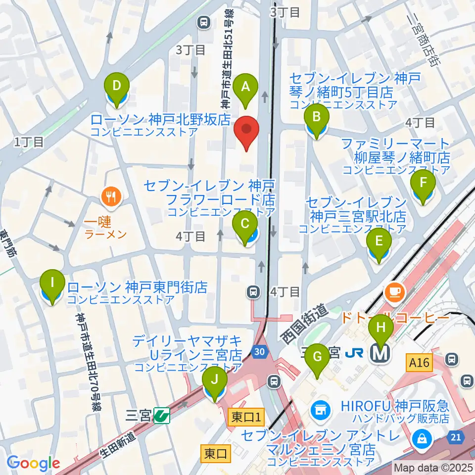 ジャパンギタースクール三宮校周辺のコンビニエンスストア一覧地図