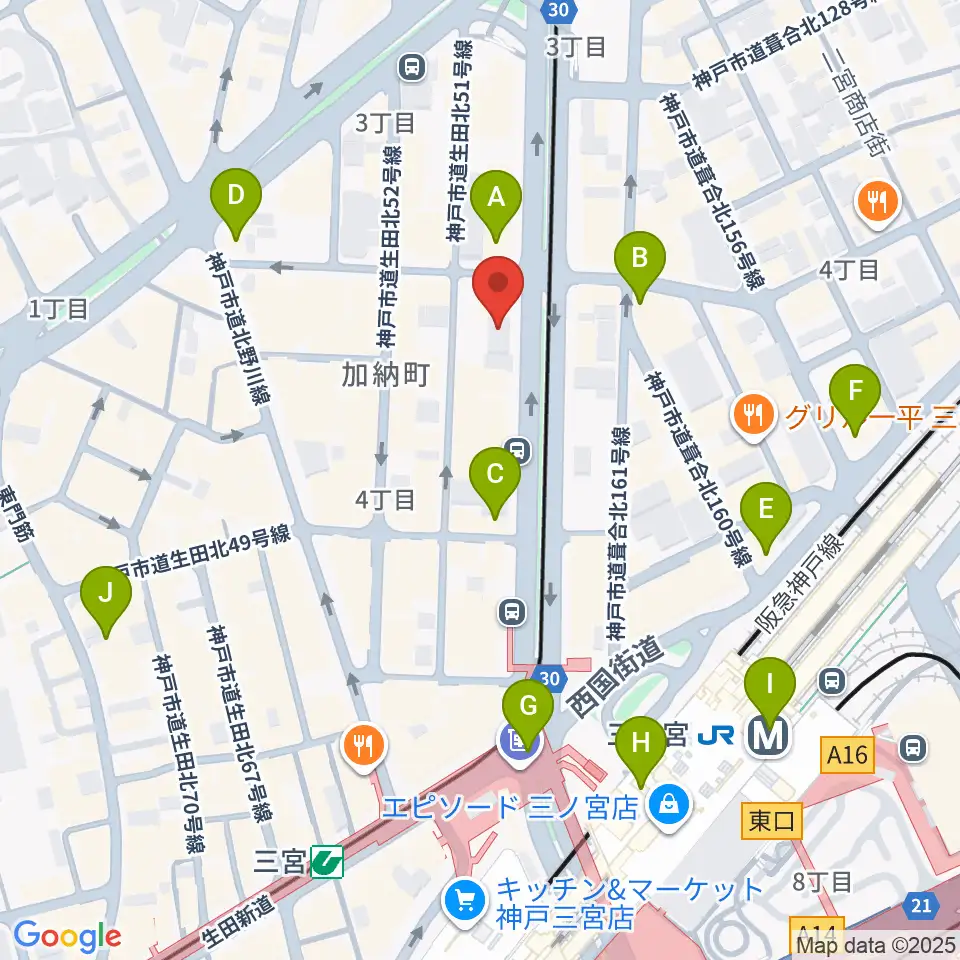 ジャパンギタースクール三宮校周辺のコンビニエンスストア一覧地図
