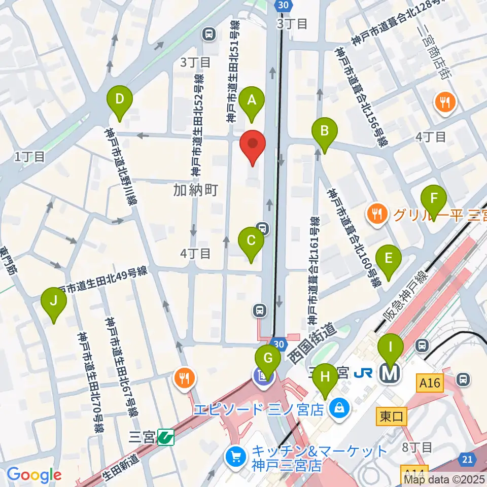 ジャパンギタースクール三宮校周辺のコンビニエンスストア一覧地図