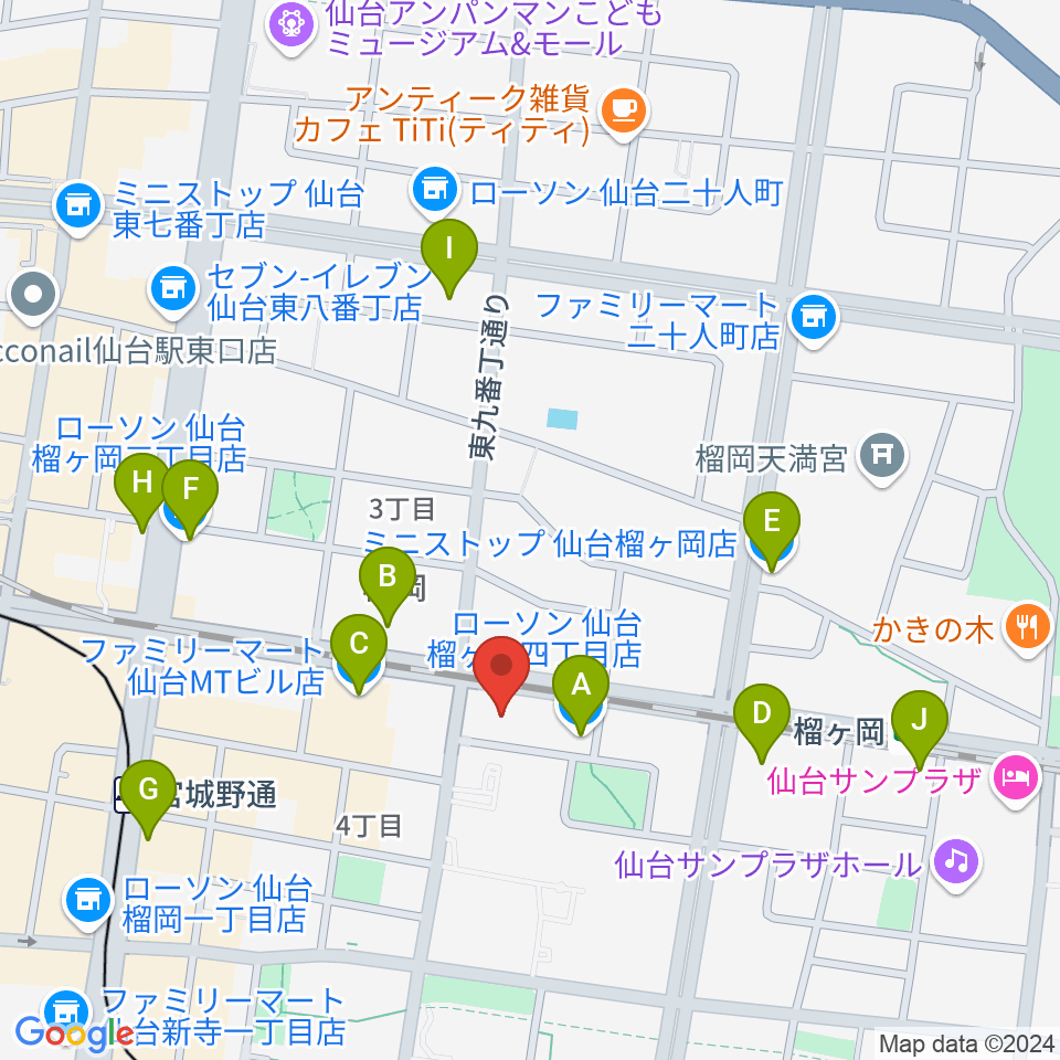 仙台音屋スタジオ＋周辺のコンビニエンスストア一覧地図