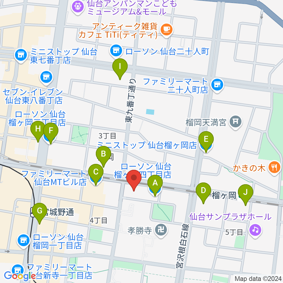 仙台音屋スタジオ＋周辺のコンビニエンスストア一覧地図