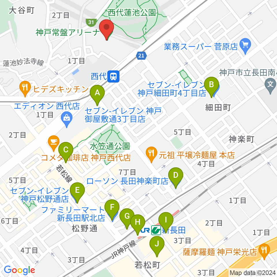 神戸常盤アリーナ周辺のコンビニエンスストア一覧地図