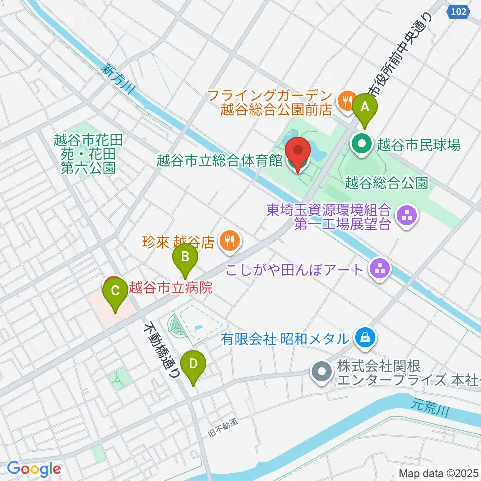 越谷市立総合体育館周辺のコンビニエンスストア一覧地図