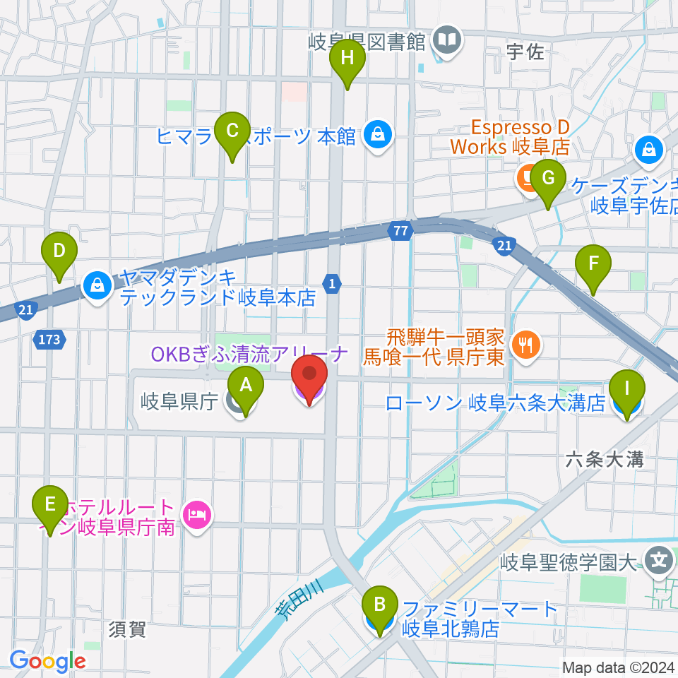 OKBぎふ清流アリーナ周辺のコンビニエンスストア一覧地図