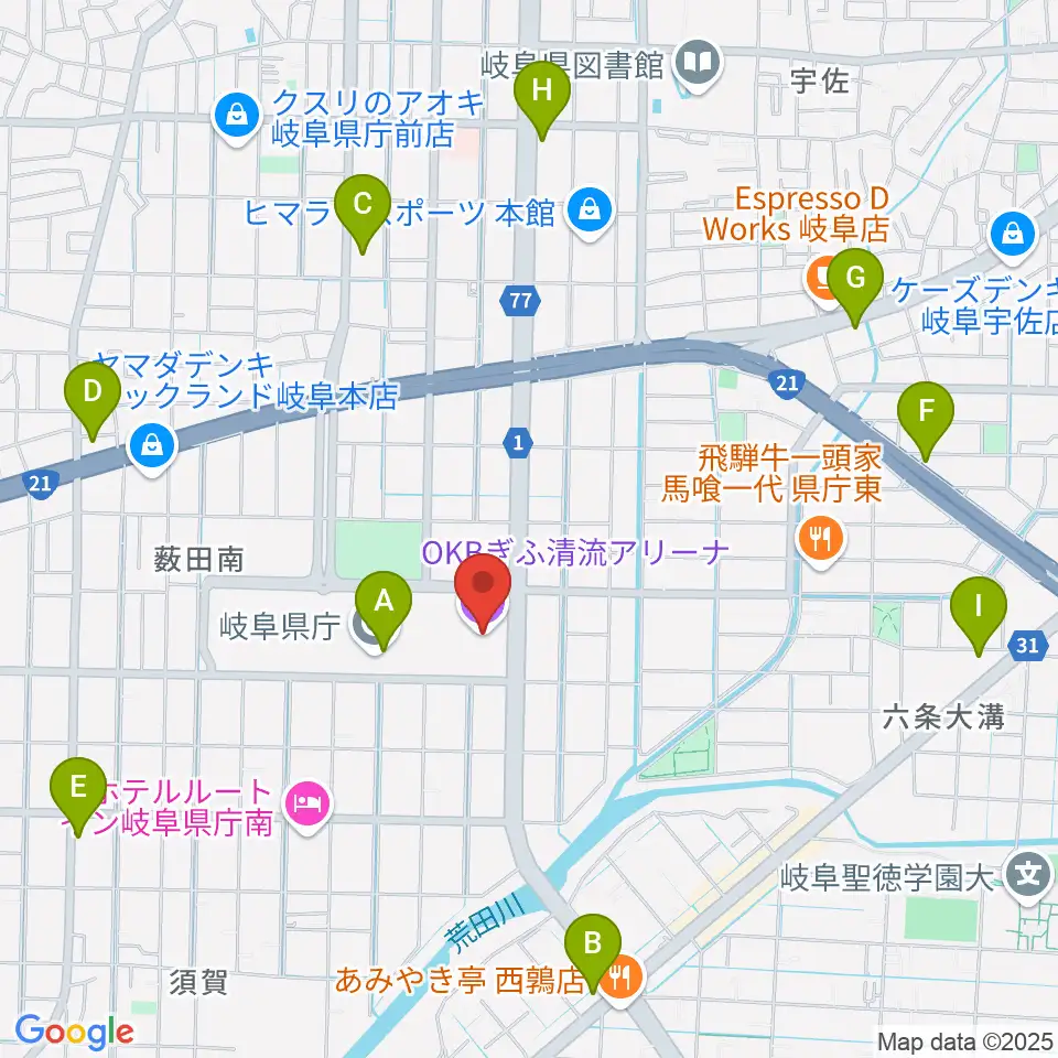 OKBぎふ清流アリーナ周辺のコンビニエンスストア一覧地図