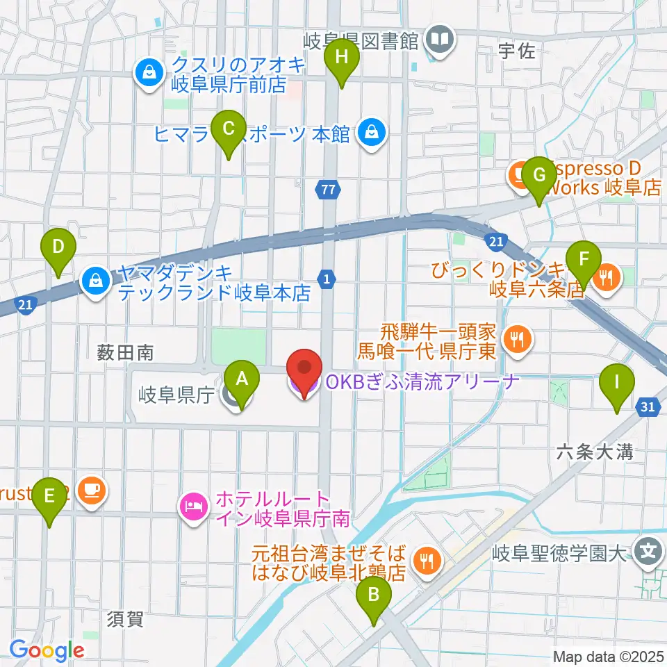 OKBぎふ清流アリーナ周辺のコンビニエンスストア一覧地図
