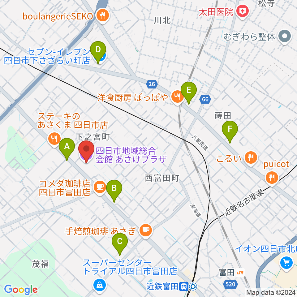 四日市地域総合会館あさけプラザ周辺のコンビニエンスストア一覧地図