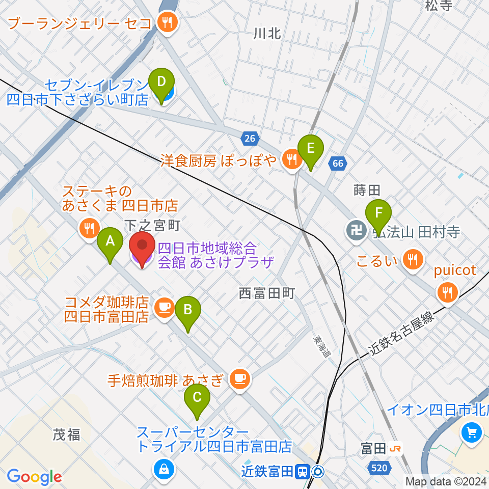 四日市地域総合会館あさけプラザ周辺のコンビニエンスストア一覧地図