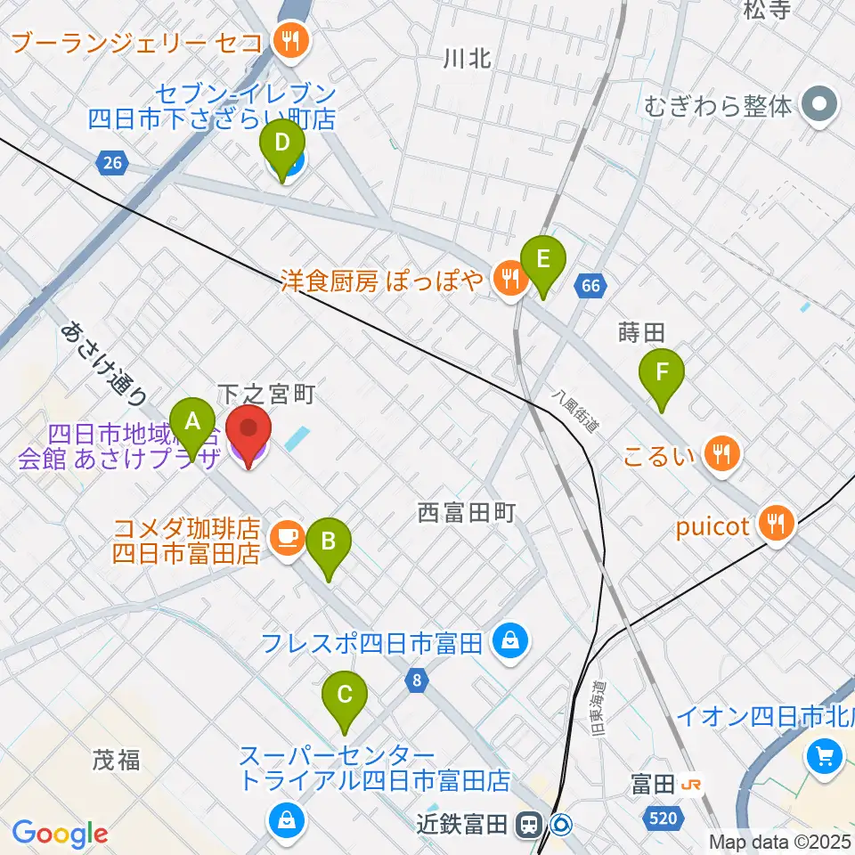 四日市地域総合会館あさけプラザ周辺のコンビニエンスストア一覧地図