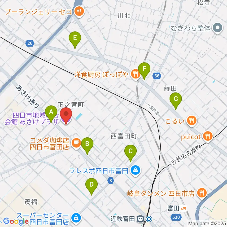 四日市地域総合会館あさけプラザ周辺のコンビニエンスストア一覧地図