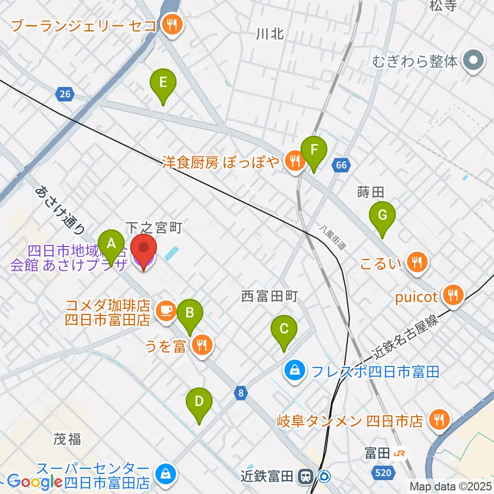 四日市地域総合会館あさけプラザ周辺のコンビニエンスストア一覧地図