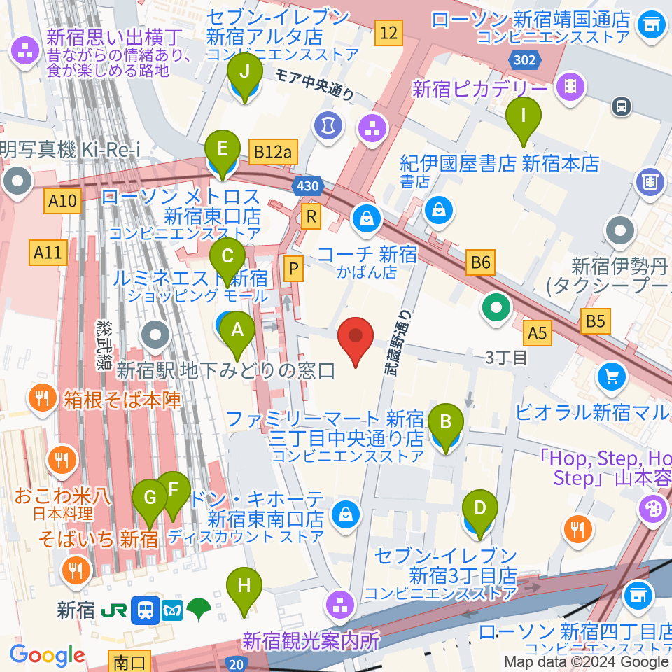 新宿武蔵野館周辺のコンビニエンスストア一覧地図