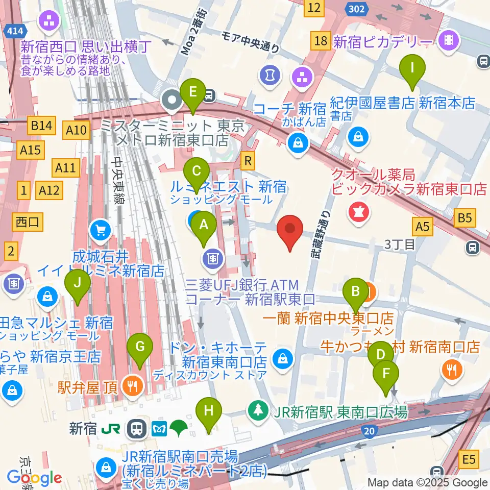 新宿武蔵野館周辺のコンビニエンスストア一覧地図