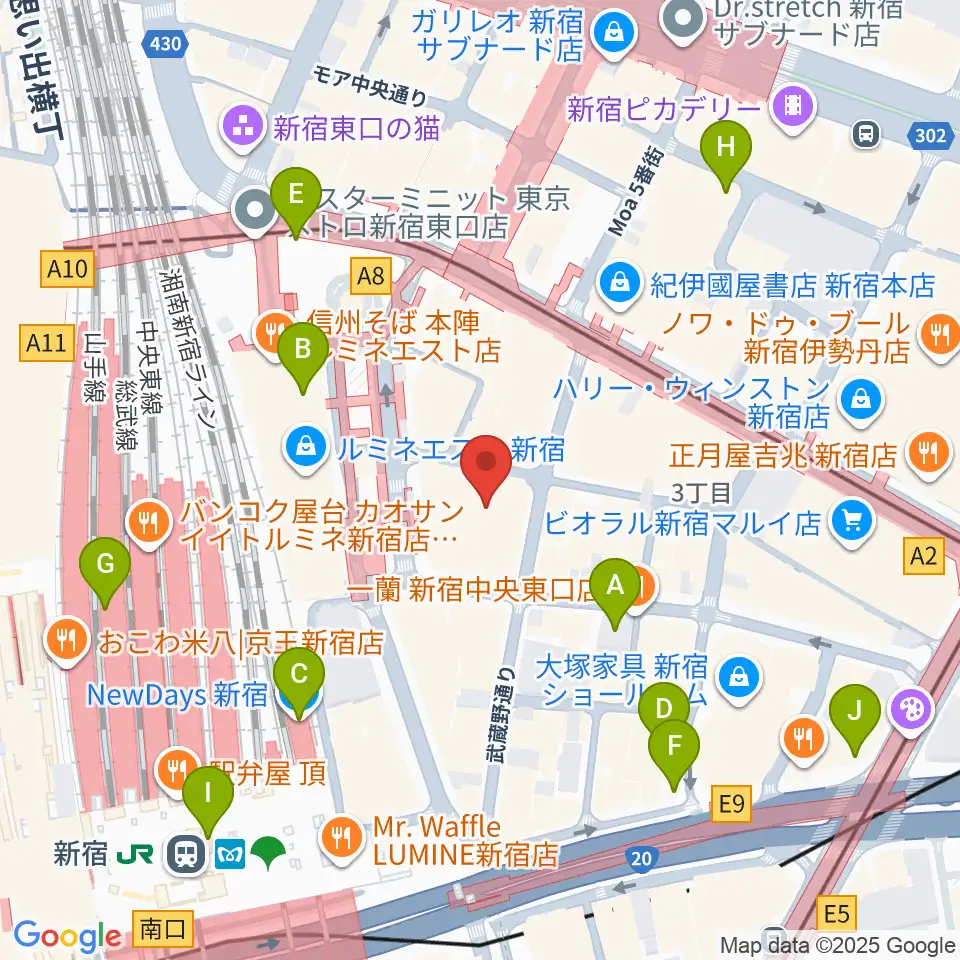 新宿武蔵野館周辺のコンビニエンスストア一覧地図