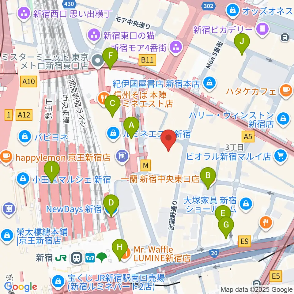 新宿武蔵野館周辺のコンビニエンスストア一覧地図