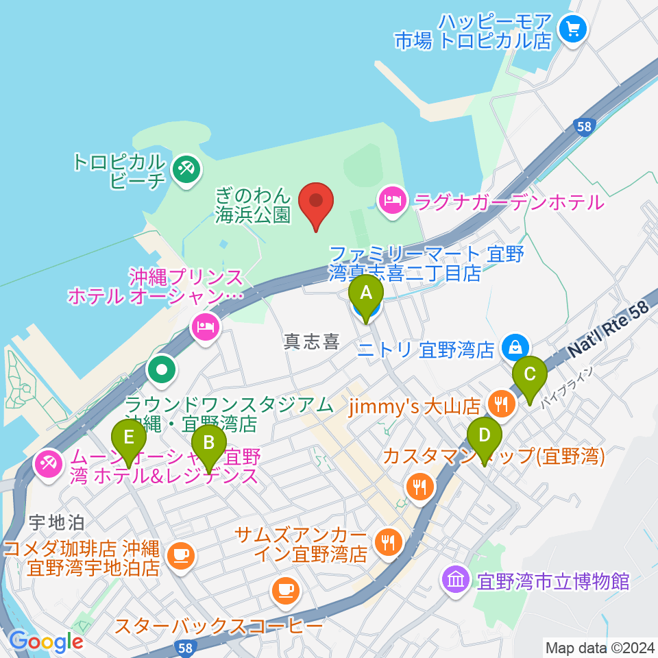 宜野湾市立体育館周辺のコンビニエンスストア一覧地図