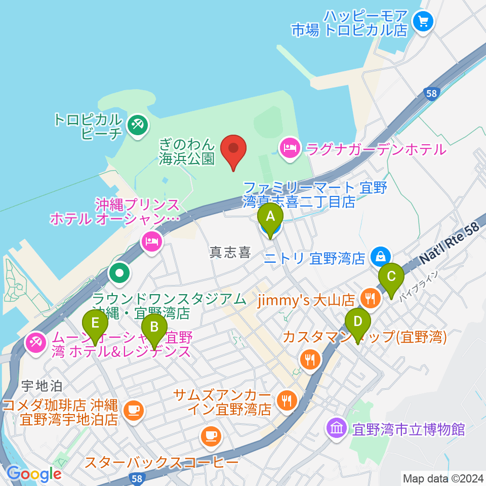 宜野湾市立体育館周辺のコンビニエンスストア一覧地図