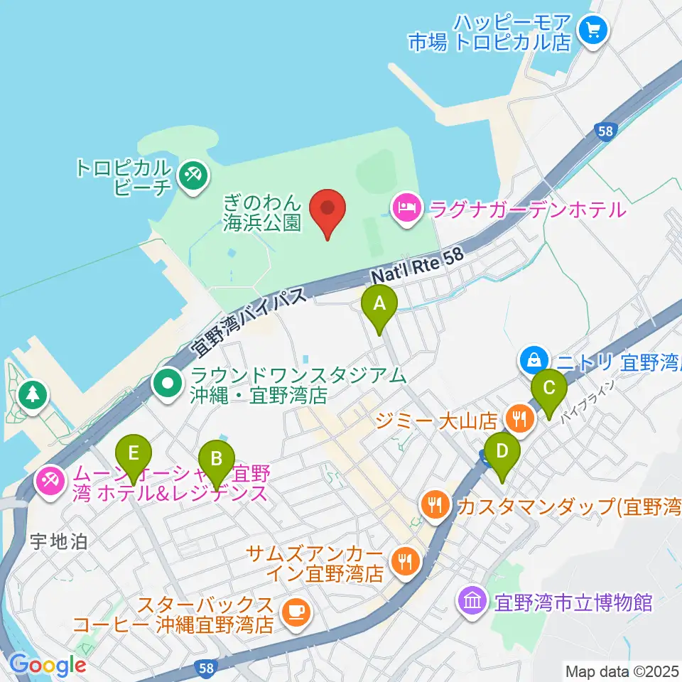 宜野湾市立体育館周辺のコンビニエンスストア一覧地図