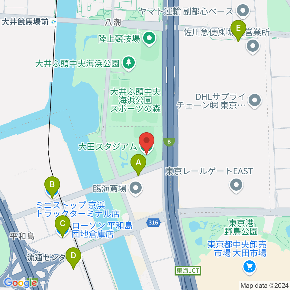 大田スタジアム周辺のコンビニエンスストア一覧地図