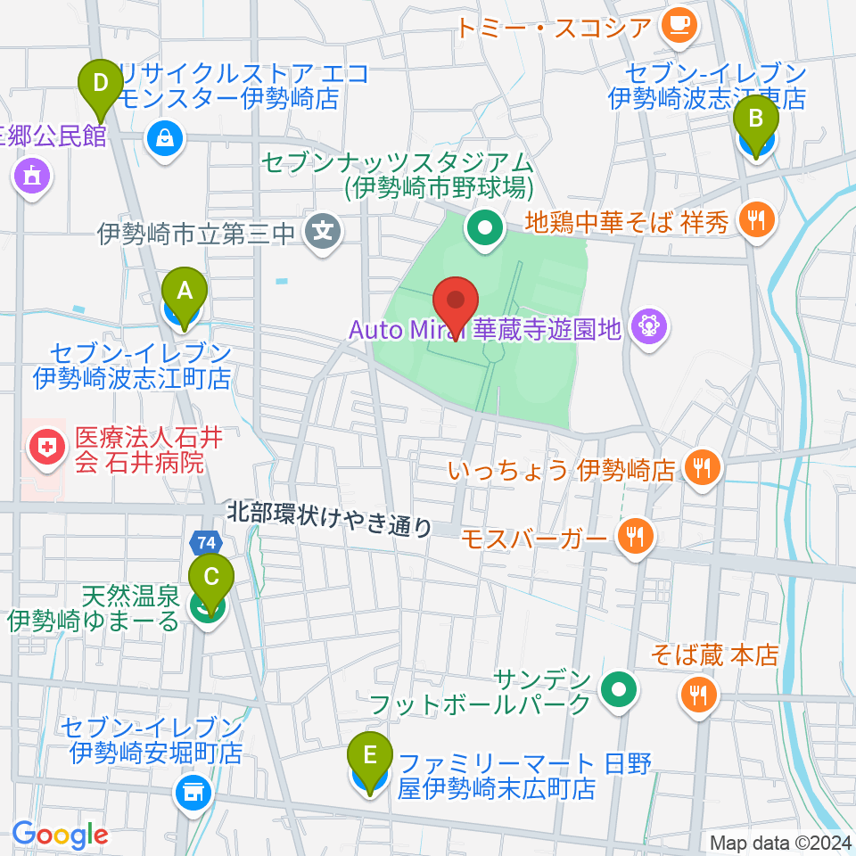 アイオーしんきん伊勢崎アリーナ周辺のコンビニエンスストア一覧地図