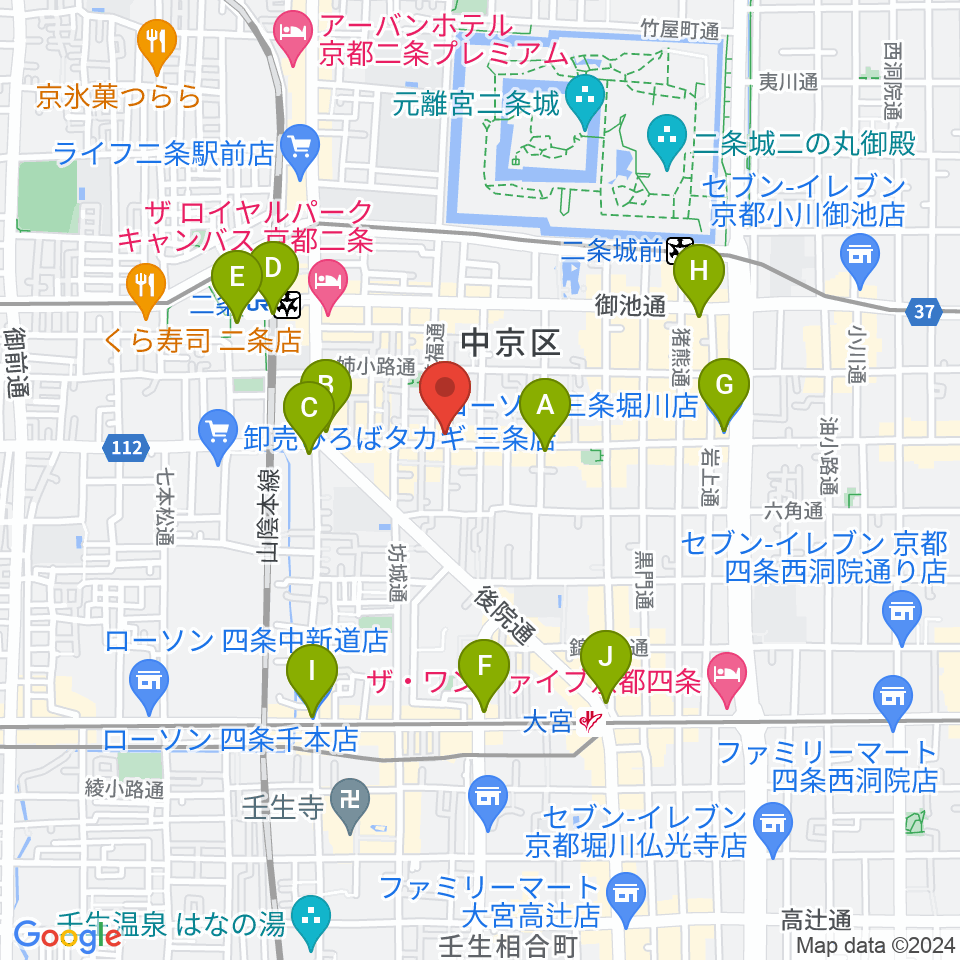 京都・二条駅のピアノとリトミック教室周辺のコンビニエンスストア一覧地図