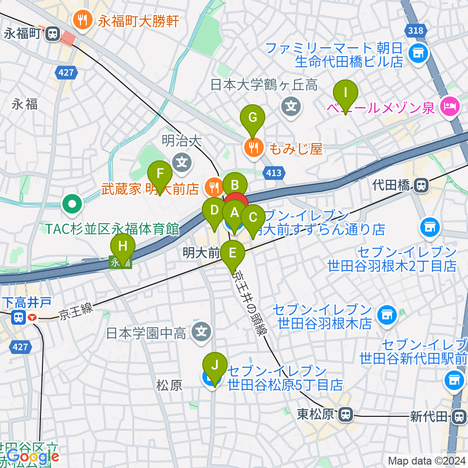 ハナムラ楽器周辺のコンビニエンスストア一覧地図