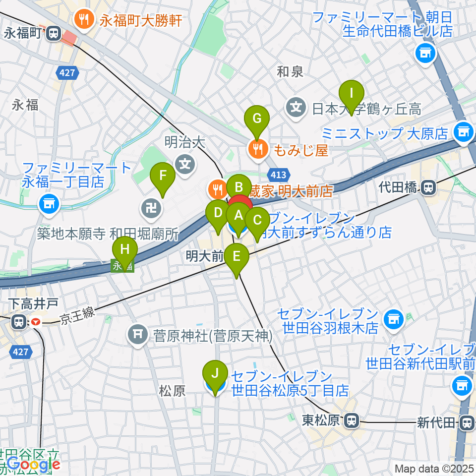 ハナムラ楽器周辺のコンビニエンスストア一覧地図