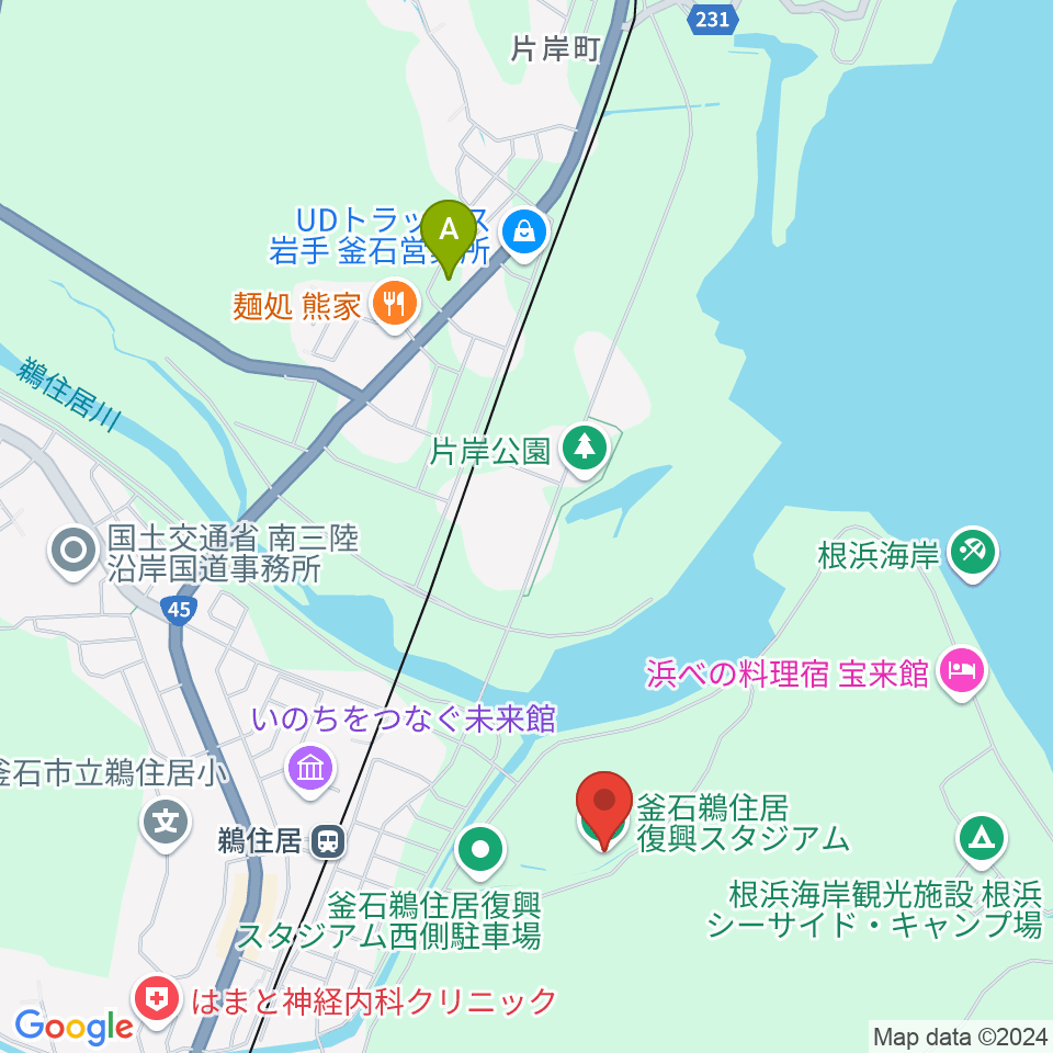 釜石鵜住居復興スタジアム周辺のコンビニエンスストア一覧地図