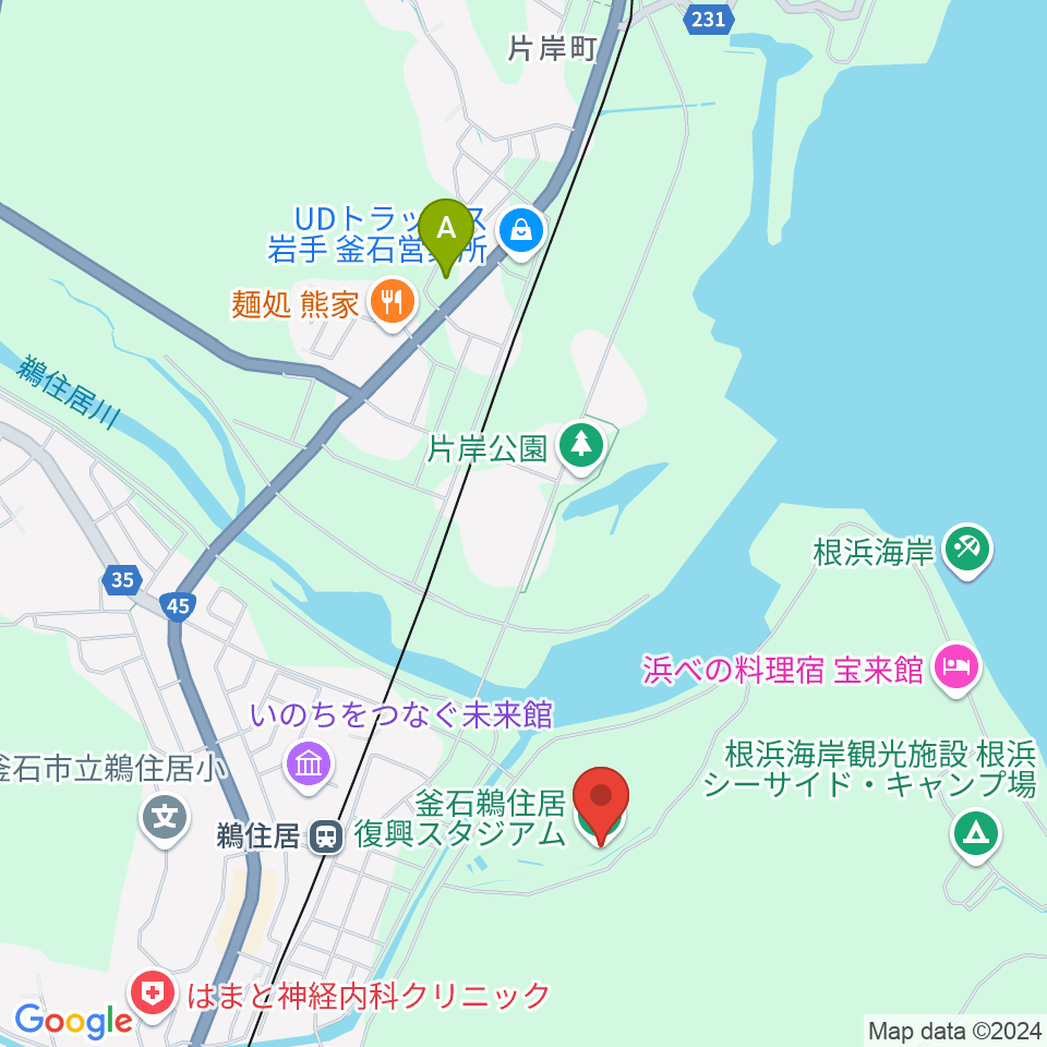 釜石鵜住居復興スタジアム周辺のコンビニエンスストア一覧地図