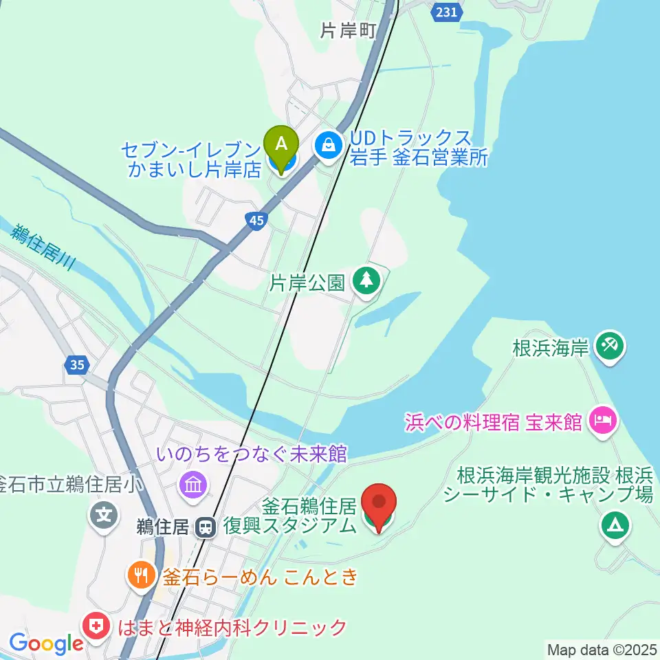 釜石鵜住居復興スタジアム周辺のコンビニエンスストア一覧地図