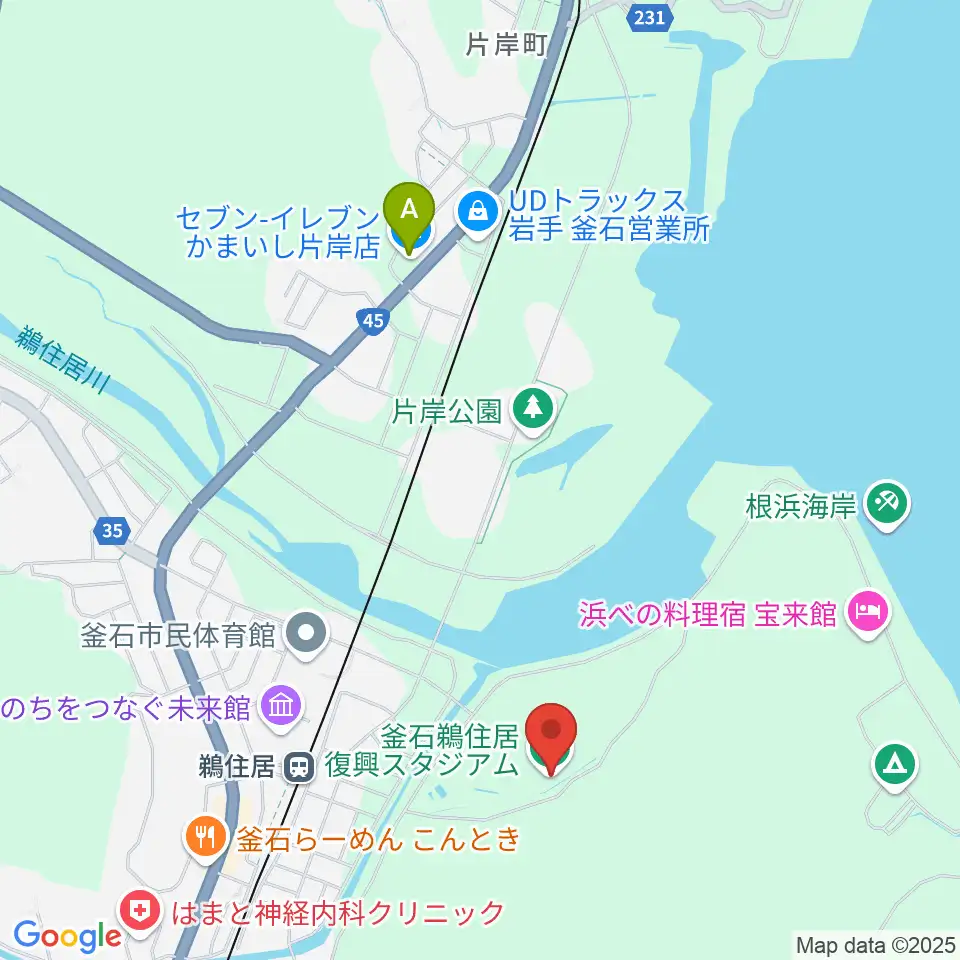 釜石鵜住居復興スタジアム周辺のコンビニエンスストア一覧地図