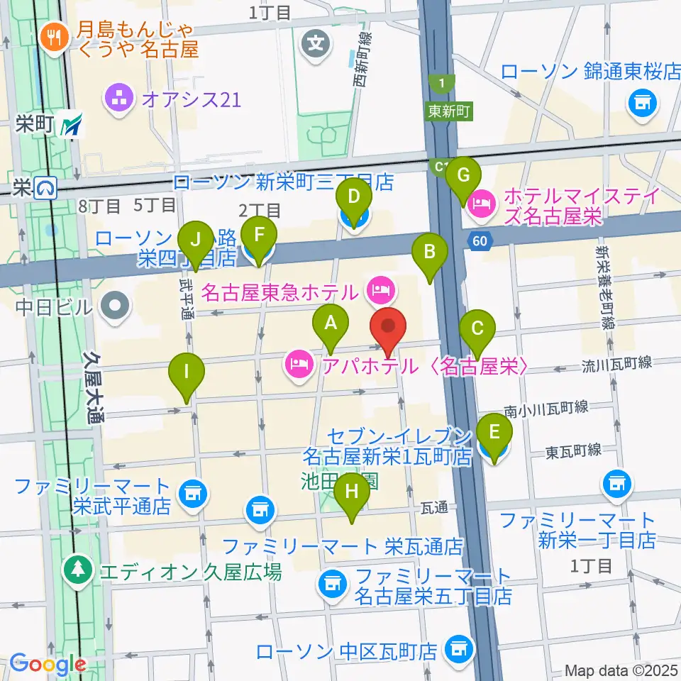 名古屋栄CIRCUS周辺のコンビニエンスストア一覧地図