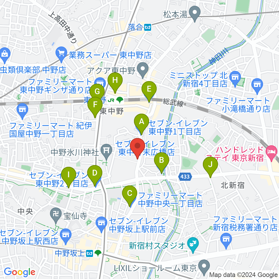 東中野バニラスタジオ周辺のコンビニエンスストア一覧地図